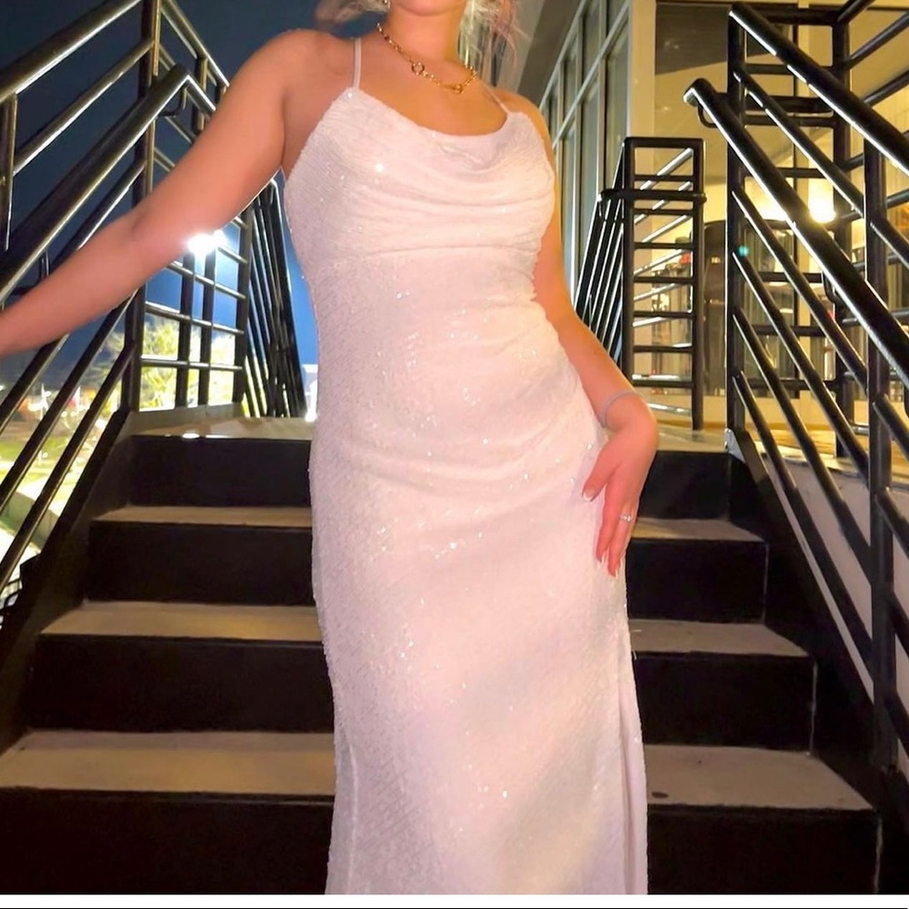 NIGHTWAY Sequin Cowl Neck Gown in White